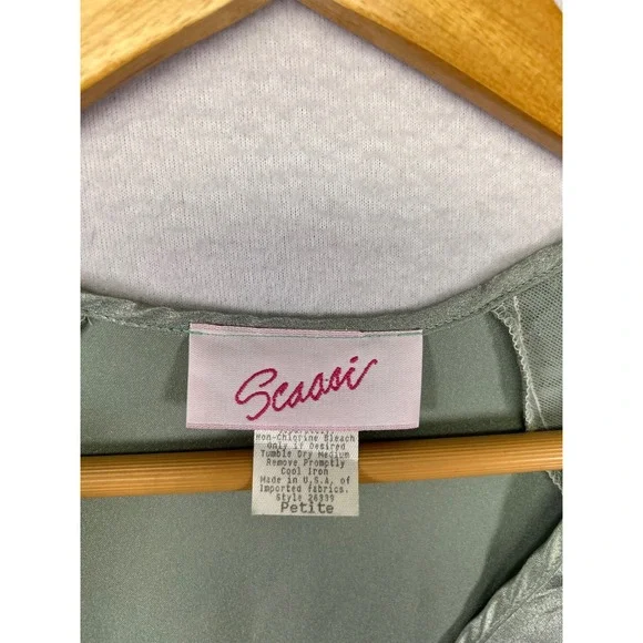 Vintage Regencycore Scaasi Womens Petite Sage Green Satin Lace Wrap Robe Pockets - Picture 3 of 10